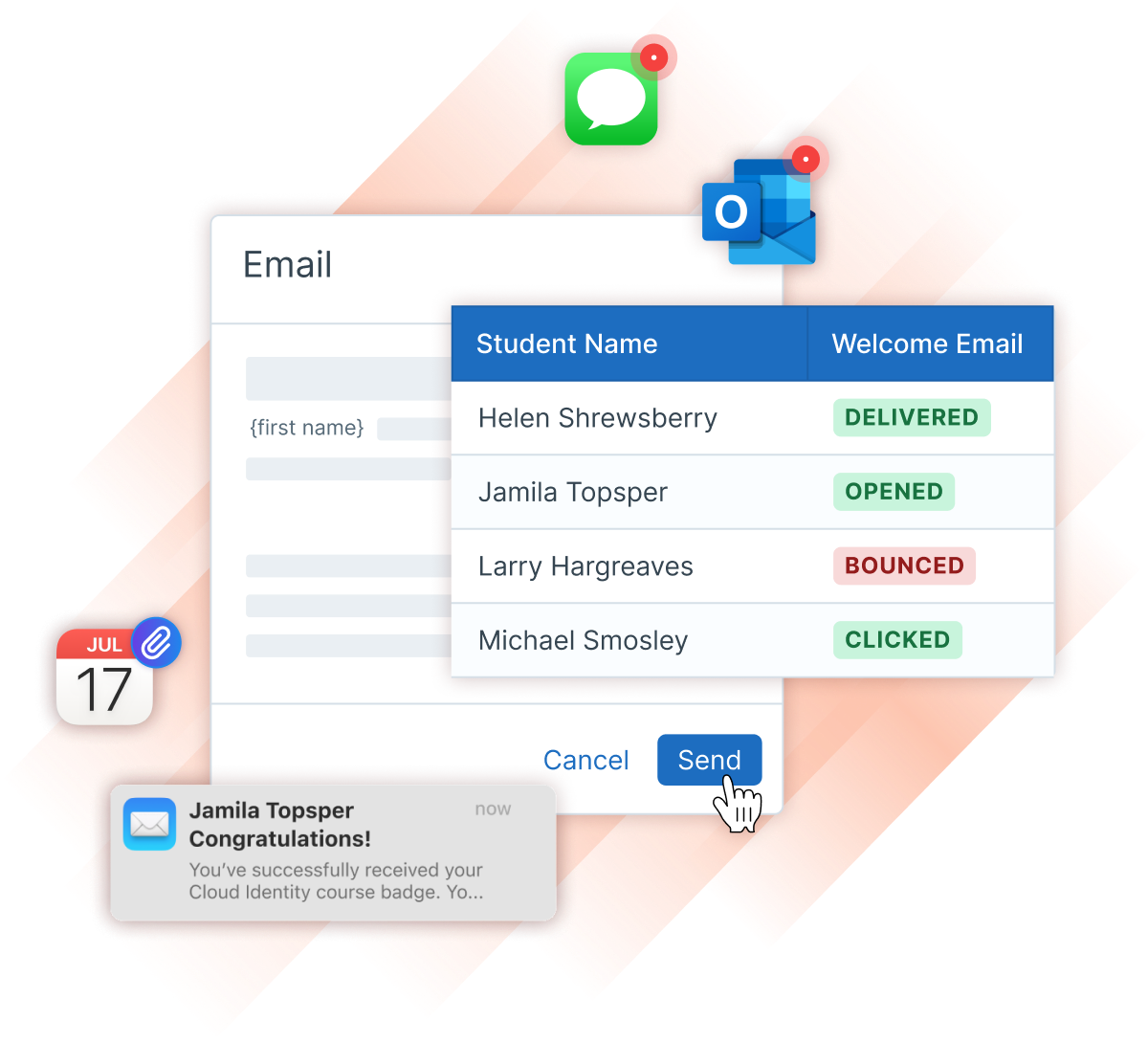 Abstracted email editor in Administrate illustrating forms of communication that can be sent and follow-on actions from recipients.